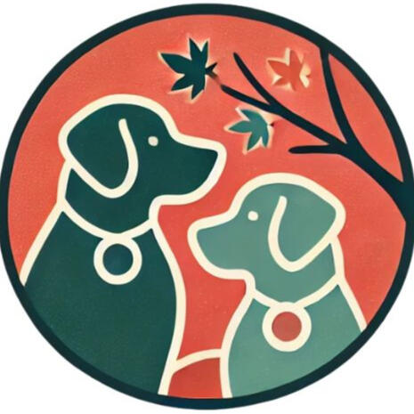 Kismet Canine Training logo featuring two stylized dogs under falling leaves in a circular design with autumn tones